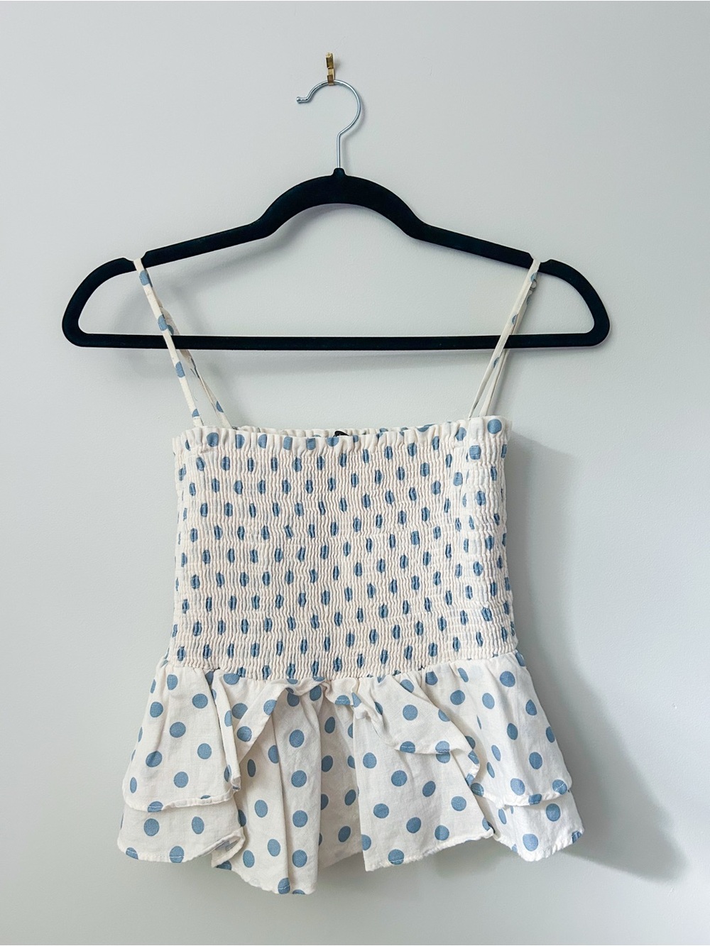 Zara White Smocked Polka Dot Cami with Blue Dots